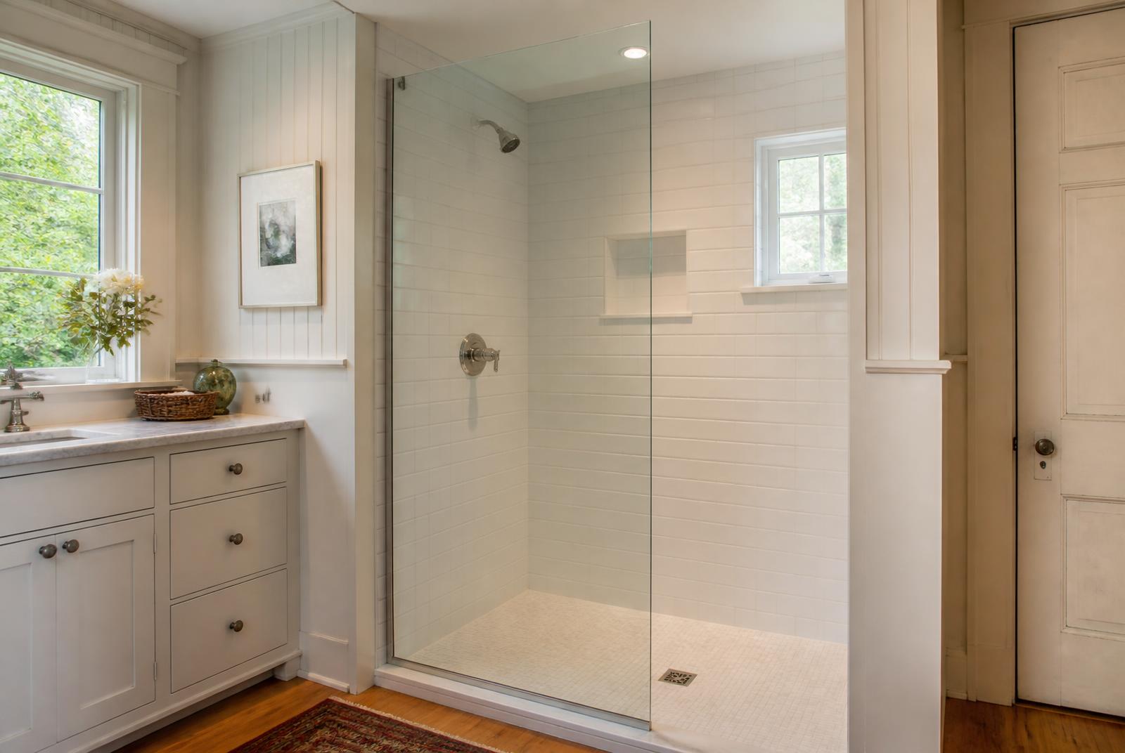 Single frameless fixed glass panel in a Bay Head primary bath with white tile and a vanity drawer bank